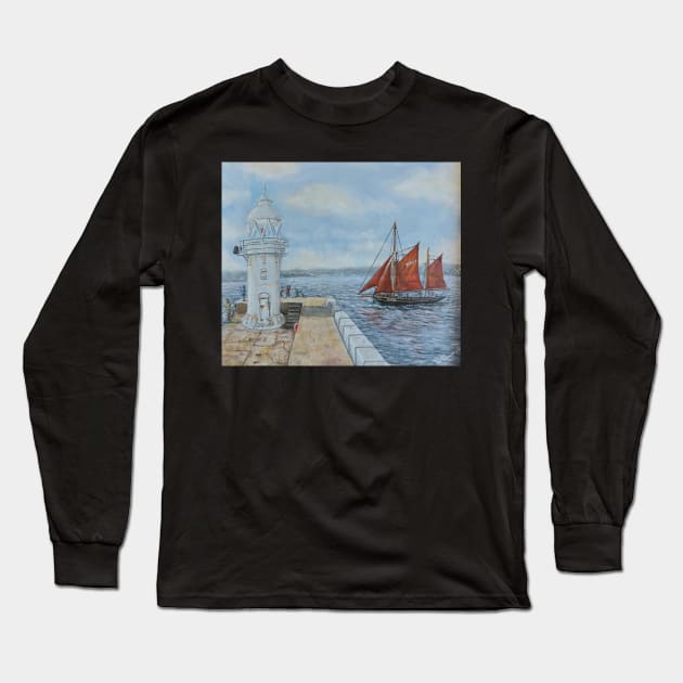 Brixham sailing trawler Pilgrim rounding Brixham Breakwater Long Sleeve T-Shirt by MackenzieTar